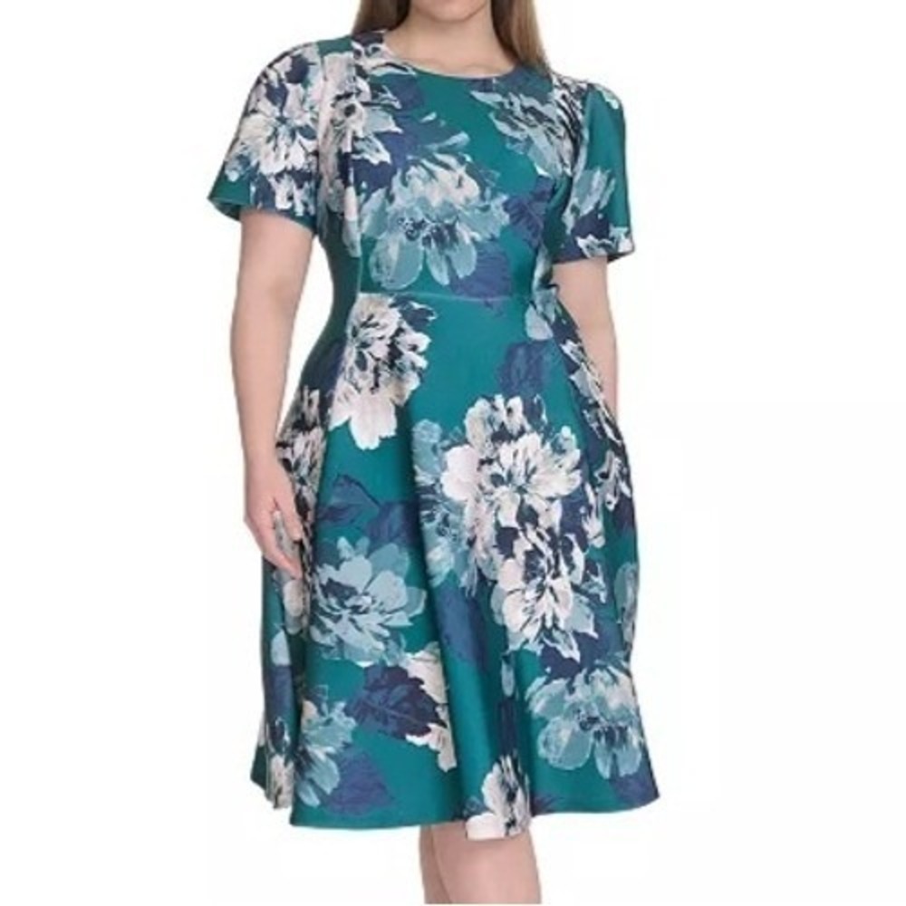 Calvin Klein Printed Floral Fit & Flare Jewel Neck Scuba Green Dress Womens 20W
